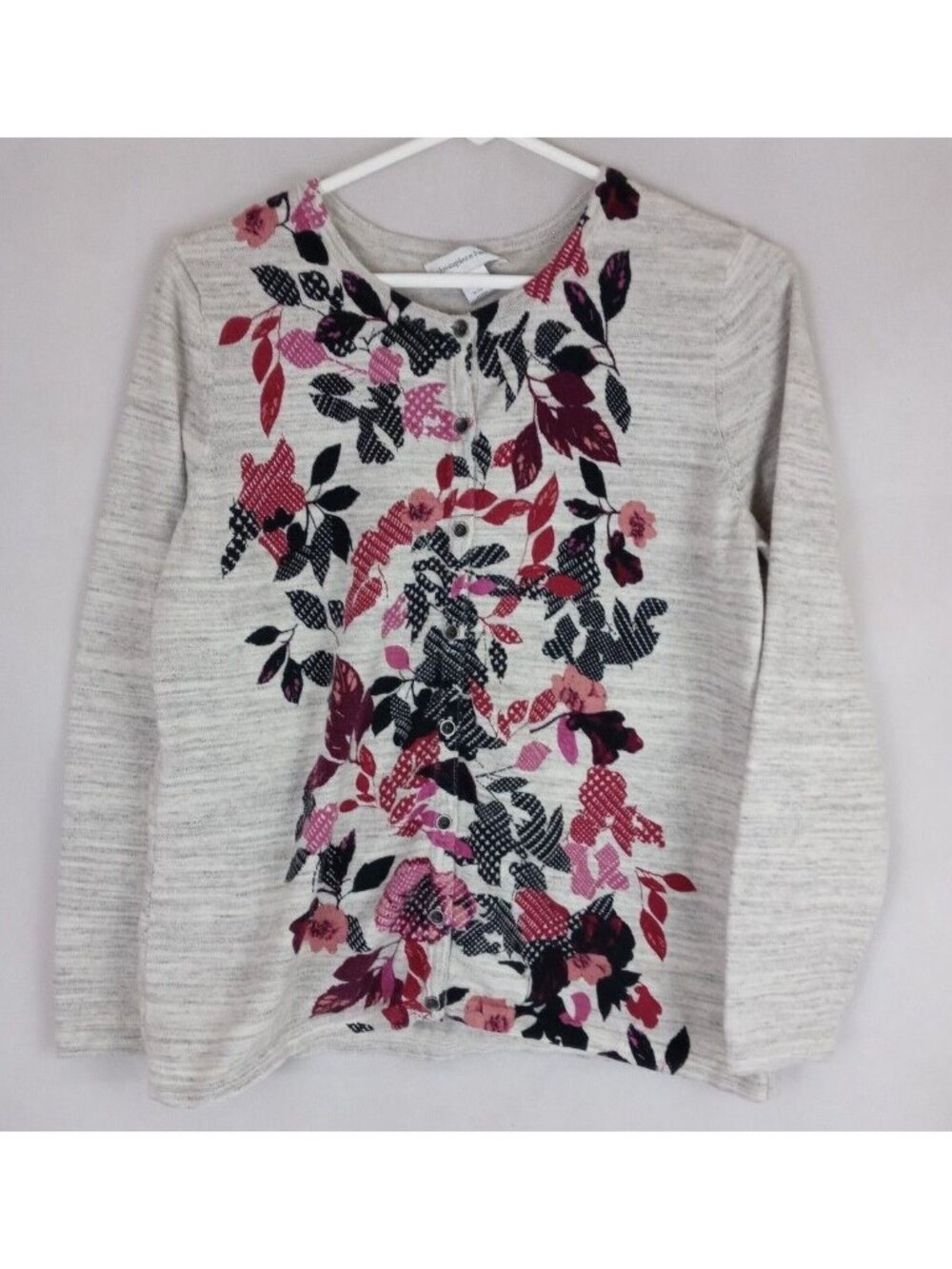 Christopher & Banks Gray With Colorful Fall Floral Designs Cardigan Sweater M